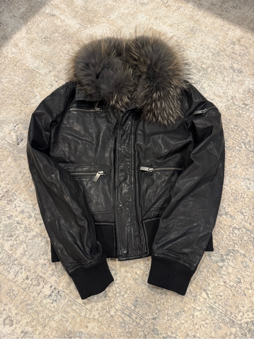 LINE The Label Black Lambskin Leather Bomber Jacket Real Raccoon Fur Size M